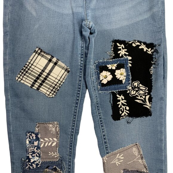 Justice Skinny Jeans Leggings Boho Patched Blue Black Plaid Girls Size 14 - Picture 4 of 11